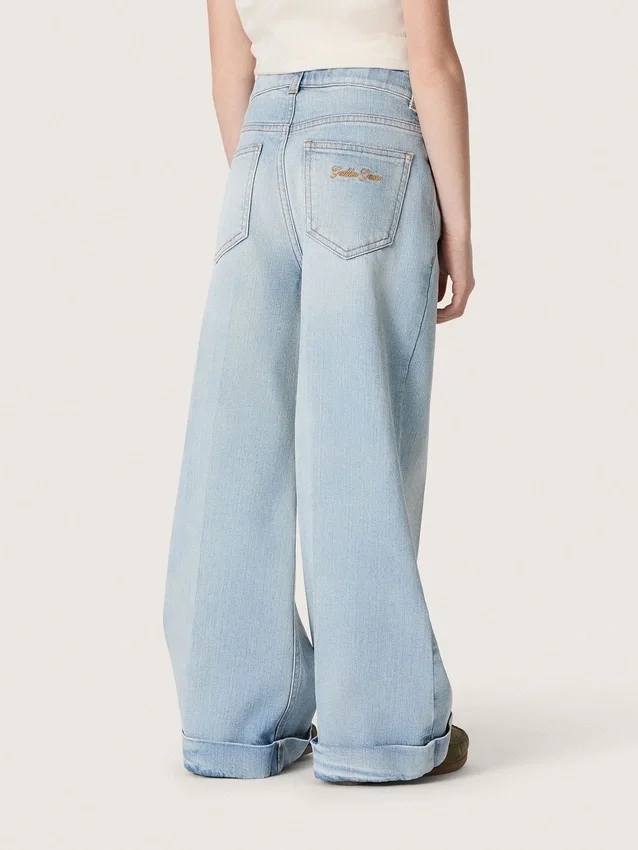 Blugi bootcut pentru fete Golden, din denim albastru deschis, cu logo brodat