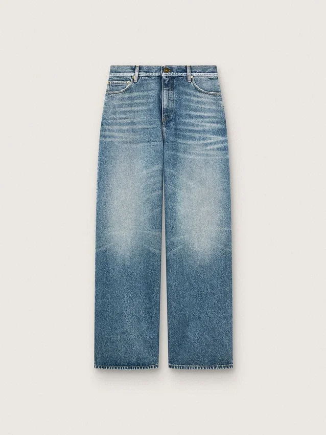 Blugi „boyfriend” pentru femei, de culoare aurie, din denim albastru deschis, spălați cu pietre