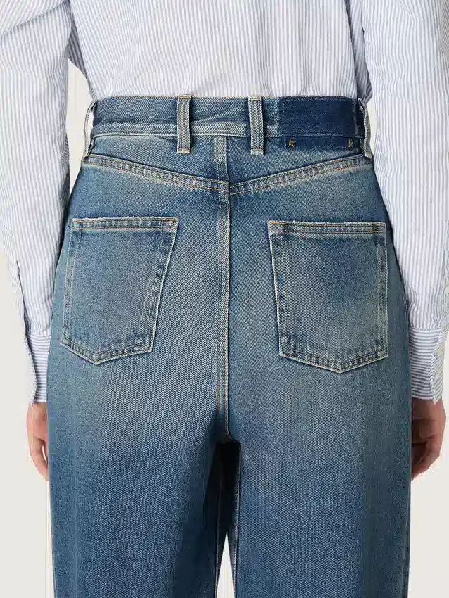 Blugi „boyfriend” pentru femei, de culoare aurie, din denim albastru deschis, spălați cu pietre