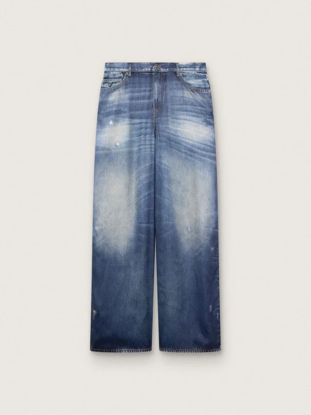 Blugi boyfriend pentru femei din denim albastru cu imprimeu de arhivă