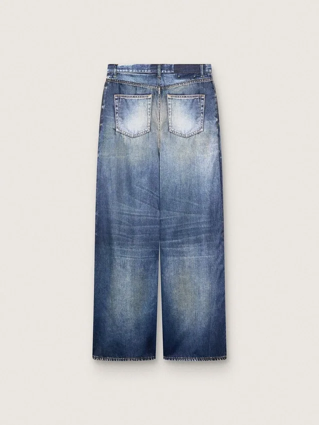 Blugi boyfriend pentru femei din denim albastru cu imprimeu de arhivă
