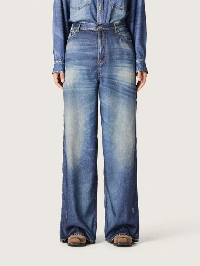 Blugi boyfriend pentru femei din denim albastru cu imprimeu de arhivă