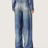 Blugi boyfriend pentru femei din denim albastru cu imprimeu de arhivă