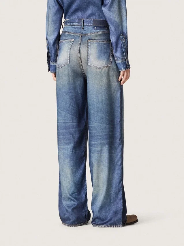 Blugi boyfriend pentru femei din denim albastru cu imprimeu de arhivă