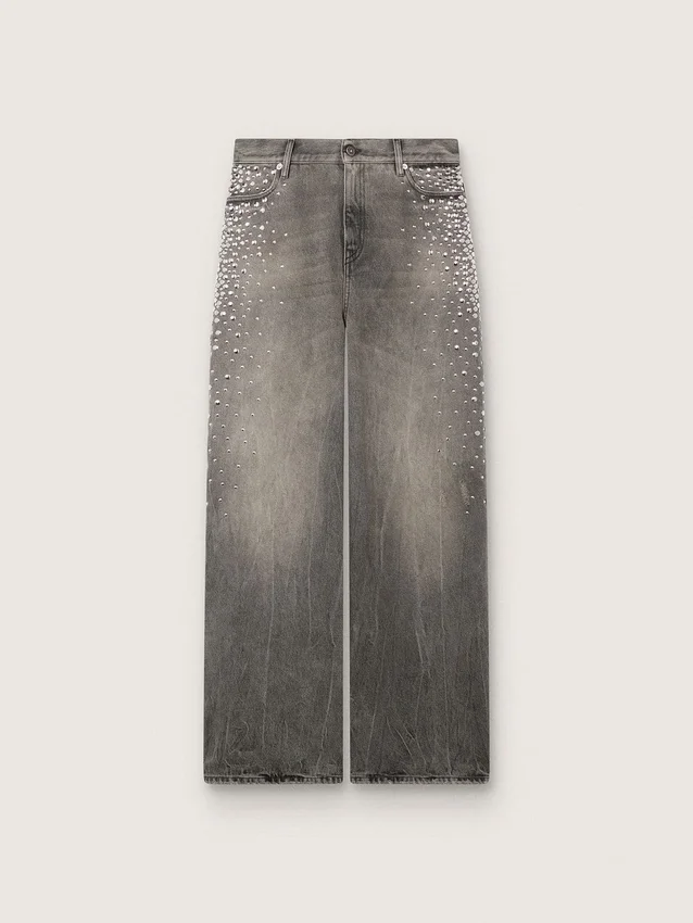 Blugi boyfriend pentru femei din denim gri cu ținte argintii cu efect de degrade
