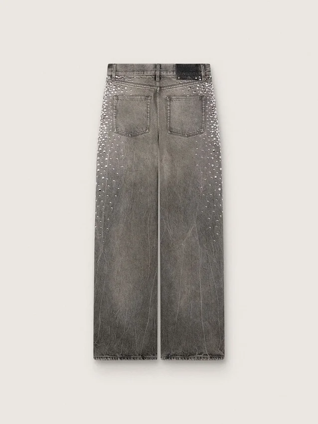Blugi boyfriend pentru femei din denim gri cu ținte argintii cu efect de degrade