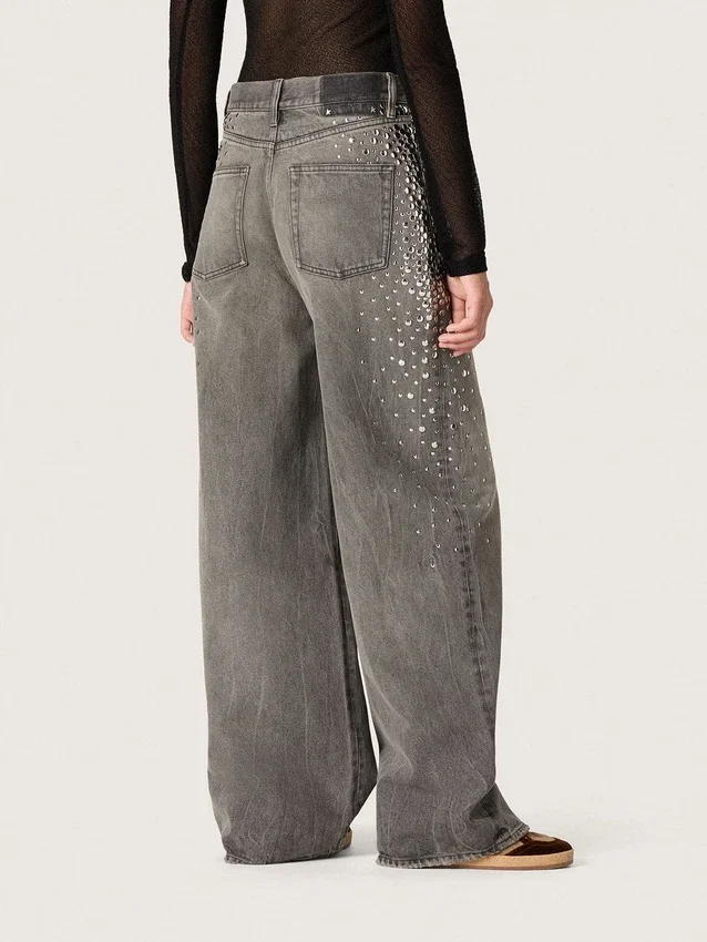 Blugi boyfriend pentru femei din denim gri cu ținte argintii cu efect de degrade