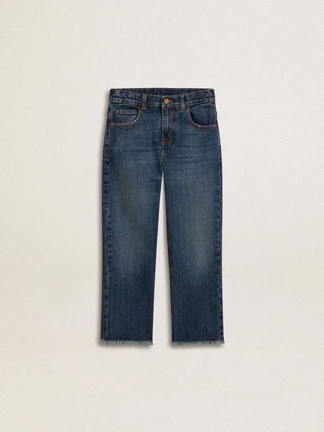 Blugi din denim pentru băieți, cu margini nefinisate și broderie