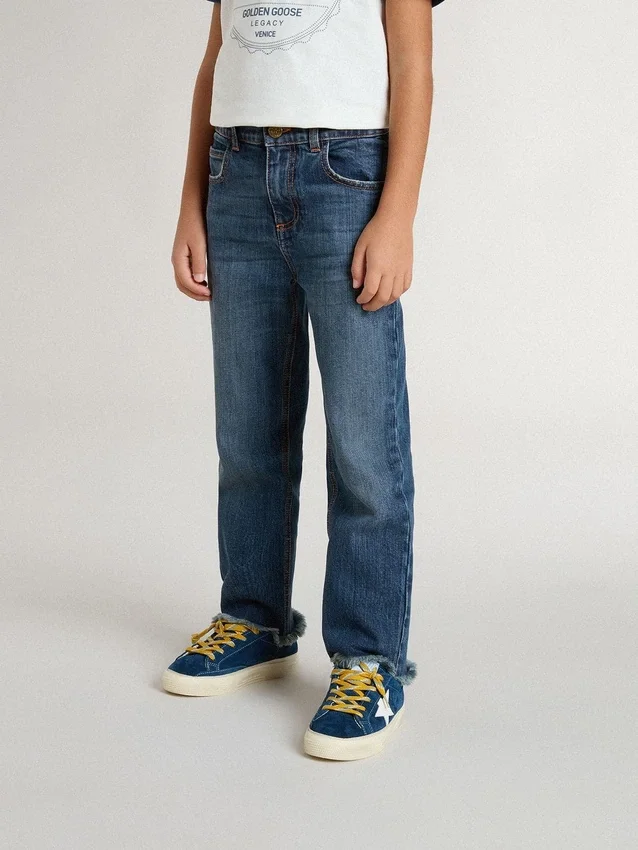 Blugi din denim pentru băieți, cu margini nefinisate și broderie