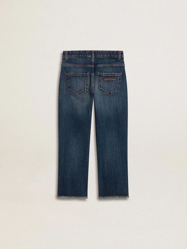 Blugi din denim pentru băieți, cu margini nefinisate și broderie