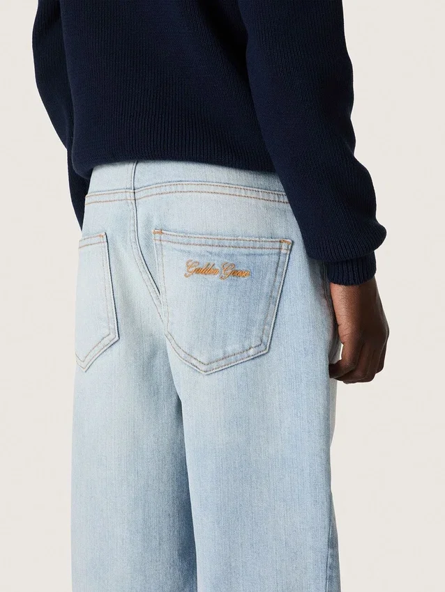 Blugi pentru băieți Golden din denim albastru deschis, cu logo brodat