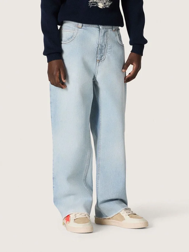 Blugi pentru băieți Golden din denim albastru deschis, cu logo brodat
