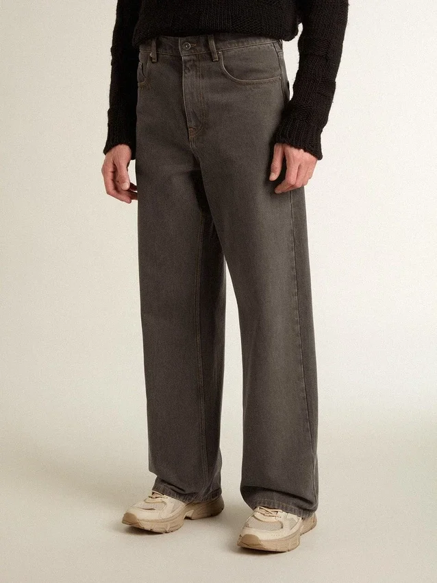Blugi pentru bărbați de culoare gri închis, din denim cu spălare „twist crease”