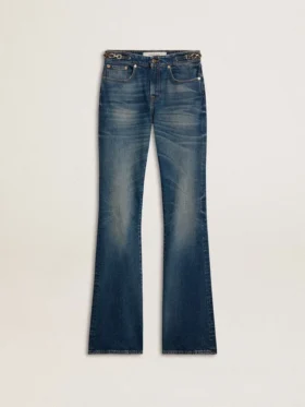 Blugi pentru femei cu croială bootcut, spălare vintage și detalii metalice