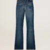 Blugi pentru femei cu croială bootcut, spălare vintage și detalii metalice