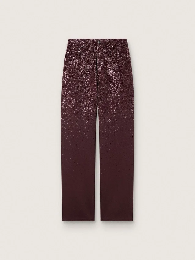 Blugi pentru femei din denim burgund cu cristale în degrade