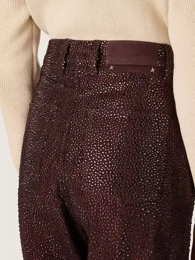 Blugi pentru femei din denim burgund cu cristale în degrade