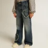 Blugi pentru fete cu croi larg, din denim albastru