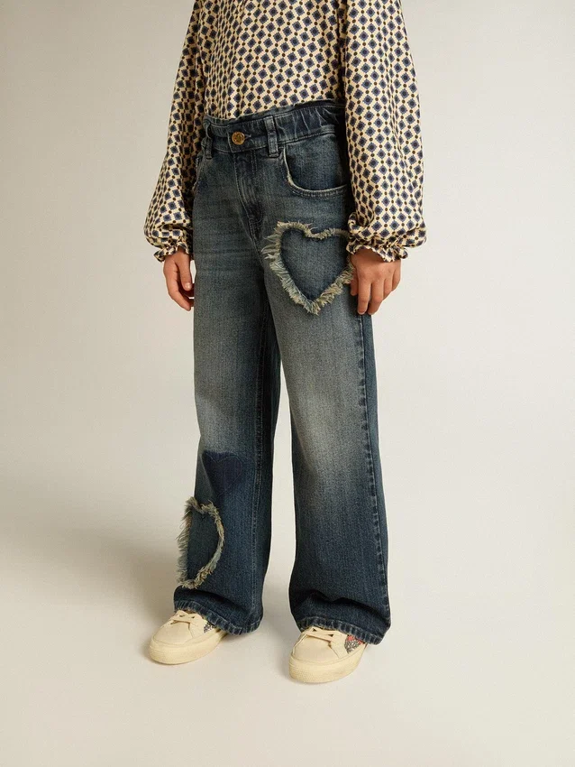 Blugi pentru fete cu croi larg, din denim albastru
