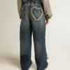 Blugi pentru fete cu croi larg, din denim albastru