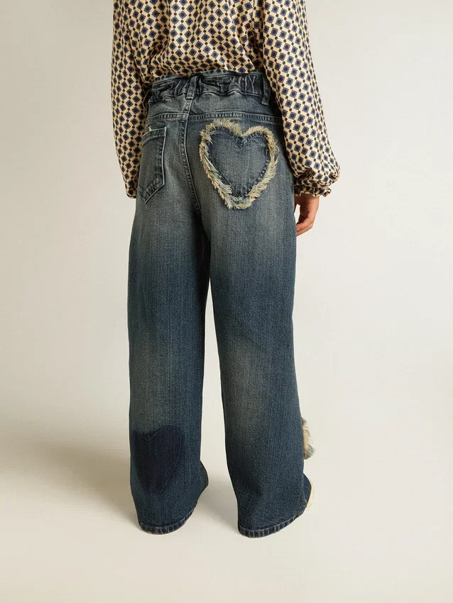 Blugi pentru fete cu croi larg, din denim albastru