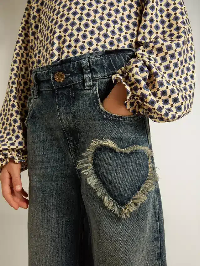 Blugi pentru fete cu croi larg, din denim albastru