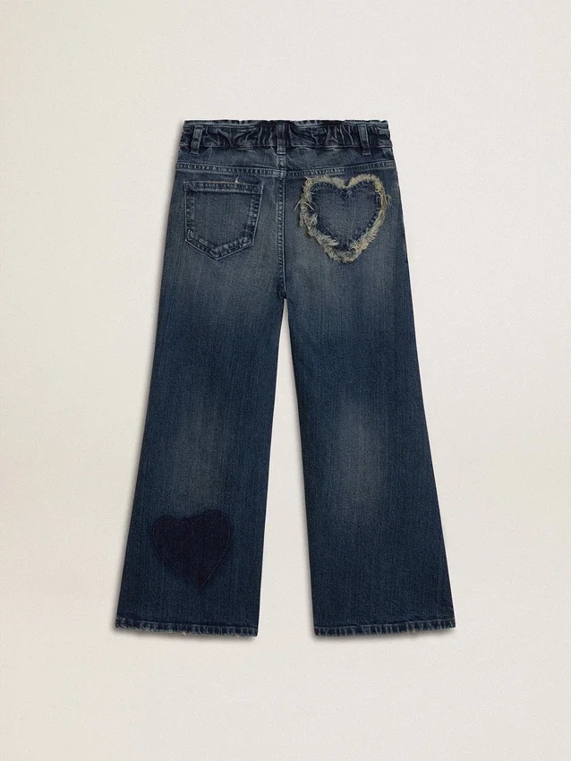 Blugi pentru fete cu croi larg, din denim albastru