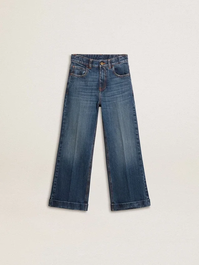 Blugi pentru fete cu croială bootcut, spălare medie și broderie