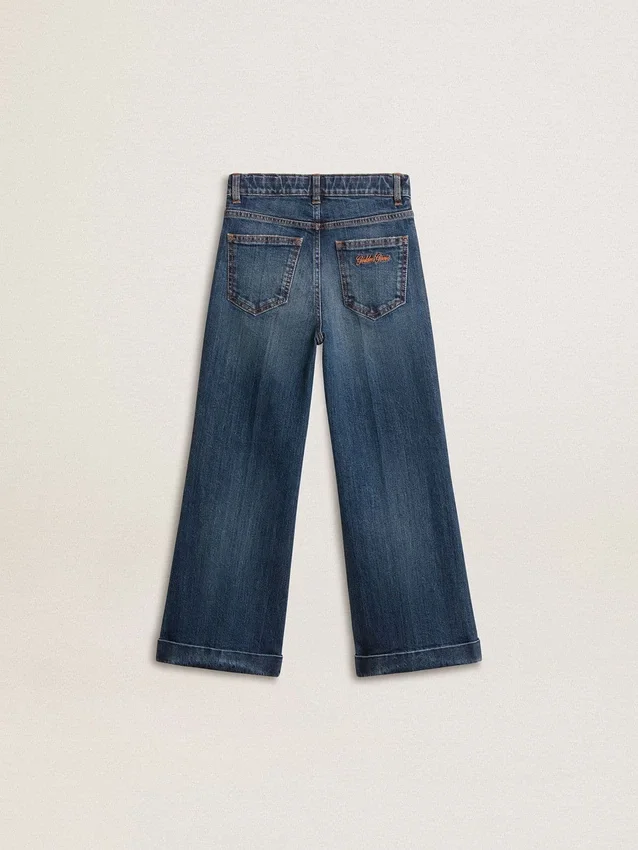 Blugi pentru fete cu croială bootcut, spălare medie și broderie