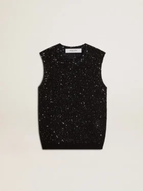 Bluză din tricot negru cu plasă, cu paiete și detalii contrastante