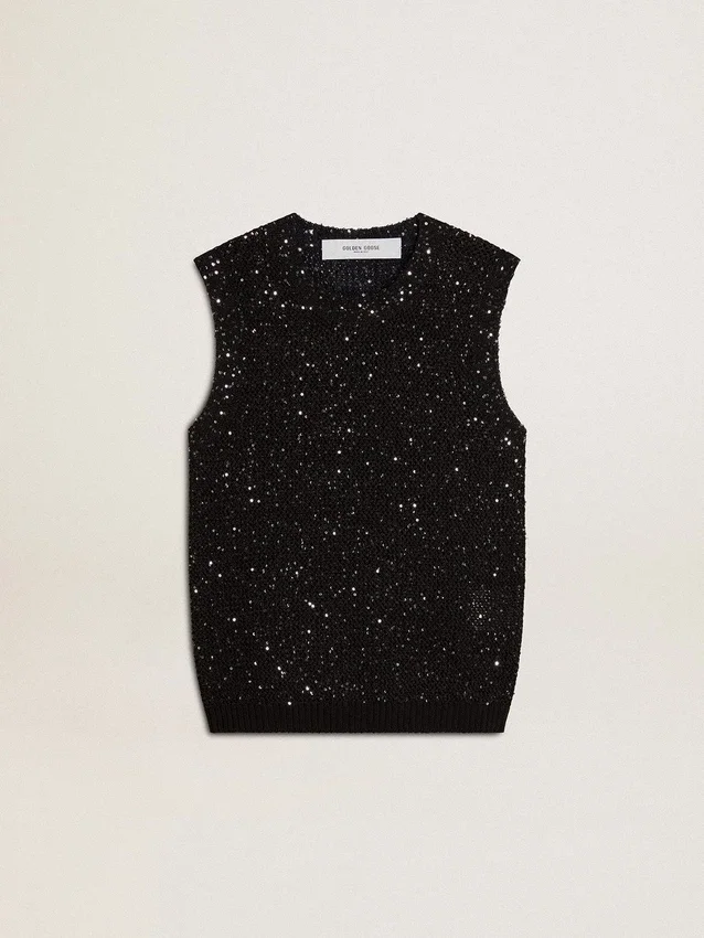 Bluză din tricot negru cu plasă, cu paiete și detalii contrastante