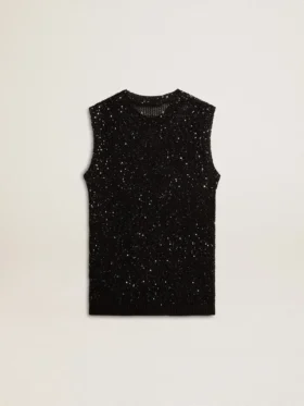 Bluză din tricot negru cu plasă, cu paiete și detalii contrastante