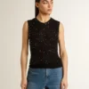 Bluză din tricot negru cu plasă, cu paiete și detalii contrastante