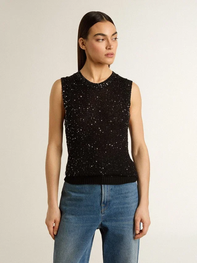 Bluză din tricot negru cu plasă, cu paiete și detalii contrastante