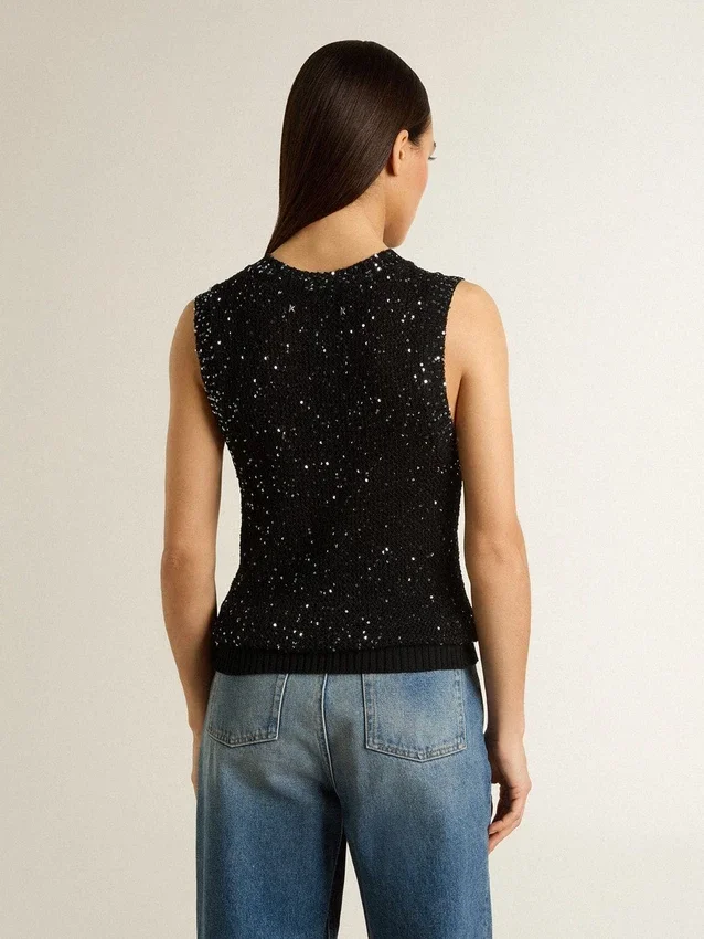 Bluză din tricot negru cu plasă, cu paiete și detalii contrastante