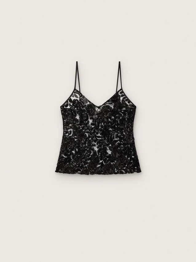 Bluză pentru femei din tul negru cu motiv floral din paiete negre