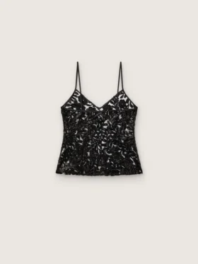 Bluză pentru femei din tul negru cu motiv floral din paiete negre