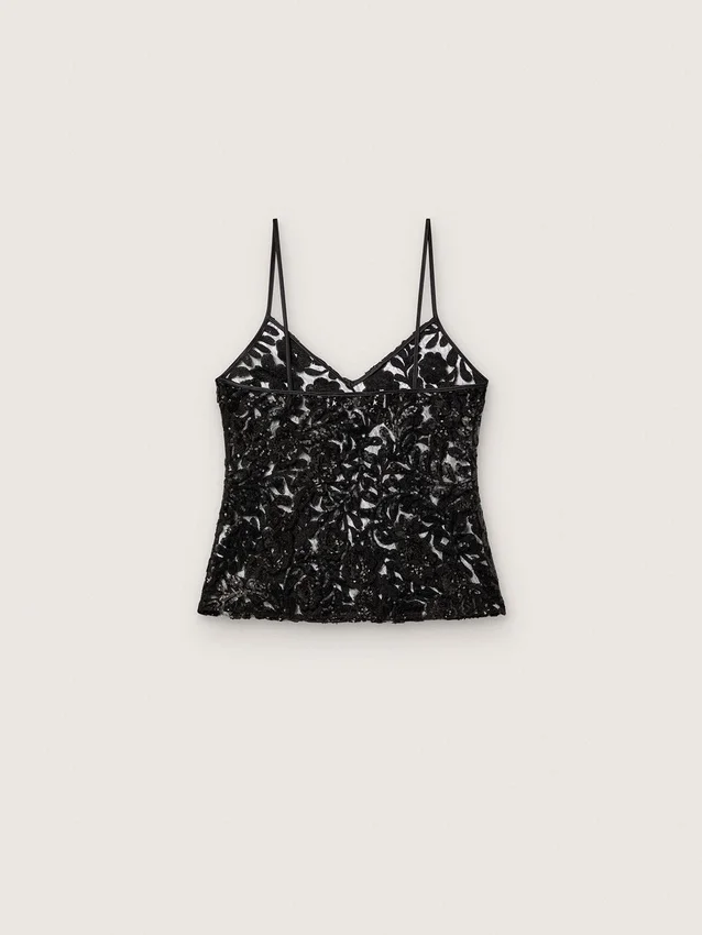 Bluză pentru femei din tul negru cu motiv floral din paiete negre