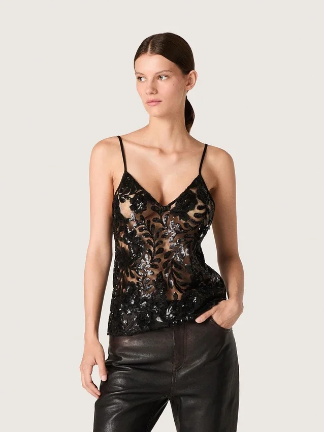 Bluză pentru femei din tul negru cu motiv floral din paiete negre