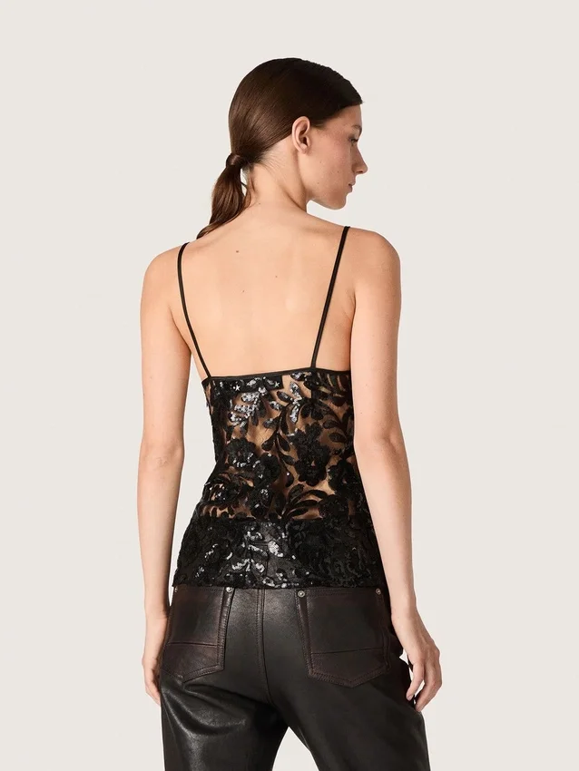 Bluză pentru femei din tul negru cu motiv floral din paiete negre