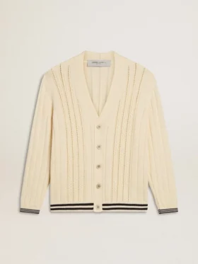 Cardigan alb din bumbac pentru bărbați, cu model împletit și borduri albastre