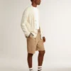 Cardigan alb din bumbac pentru bărbați, cu model împletit și borduri albastre