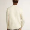 Cardigan alb din bumbac pentru bărbați, cu model împletit și borduri albastre