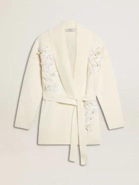 Cardigan din bumbac de culoare crem pentru femei, cu broderie florală