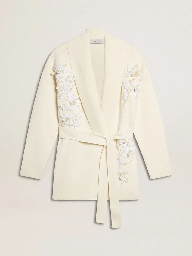 Cardigan din bumbac de culoare crem pentru femei, cu broderie florală