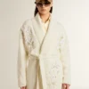 Cardigan din bumbac de culoare crem pentru femei, cu broderie florală