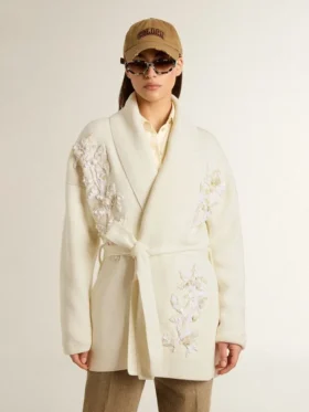 Cardigan din bumbac de culoare crem pentru femei, cu broderie florală