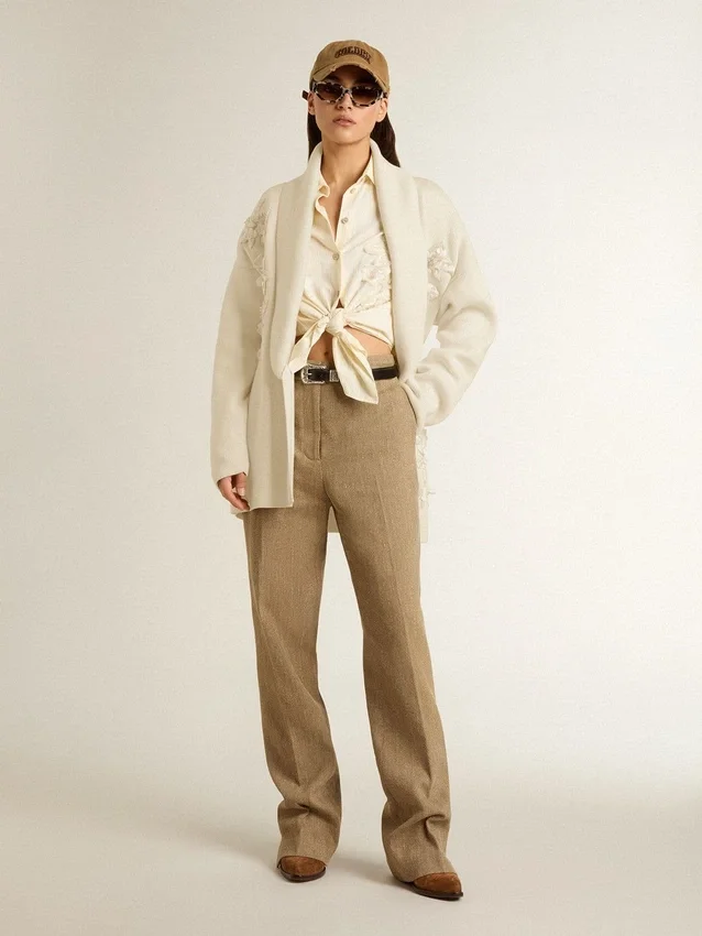 Cardigan din bumbac de culoare crem pentru femei, cu broderie florală