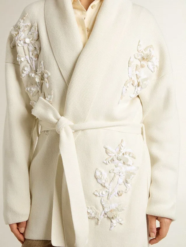 Cardigan din bumbac de culoare crem pentru femei, cu broderie florală