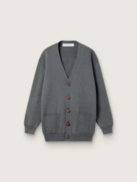 Cardigan din bumbac gri melanj pentru femei, cu logo pe spate